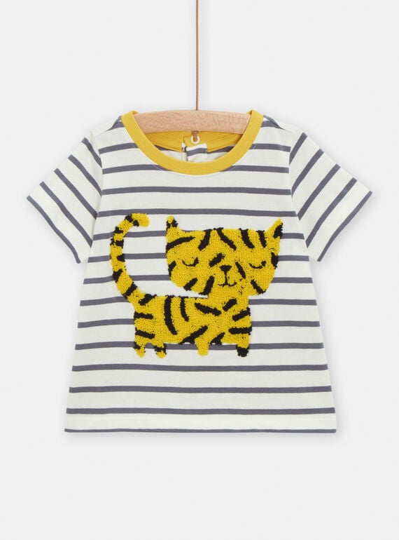 Baby-Jungen-T-Shirt in Ecru mit Streifenprint und Tigermotiv TULITI2 / 24SG10T2TMC001