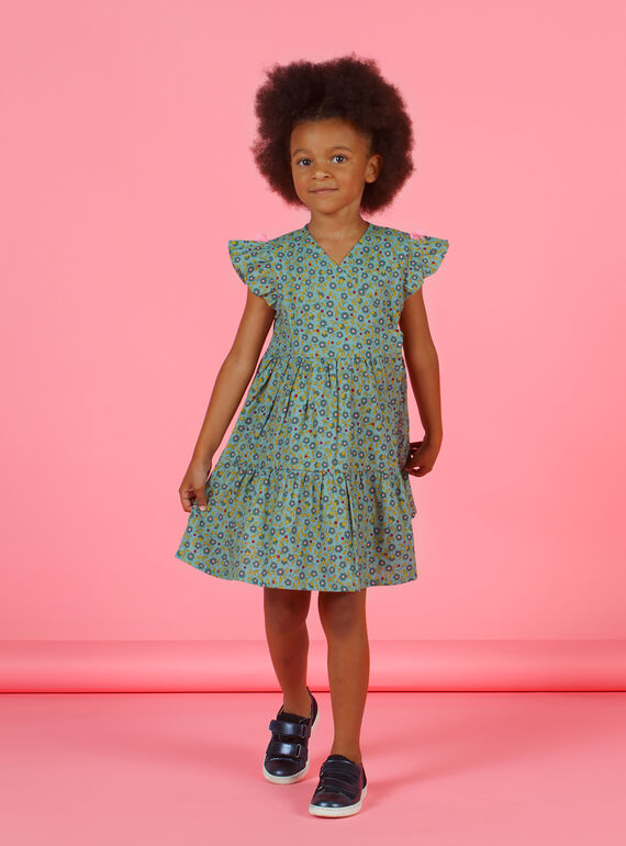Kurzärmeliges khakifarbenes Kleid für Mädchen mit Blumendruck MAKAROB2 / 21W901I1ROB612