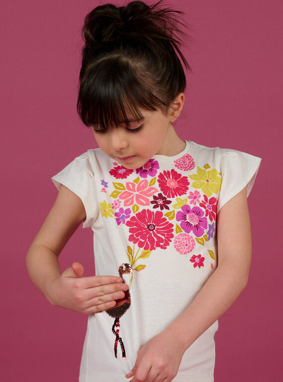 Kind Mädchen rosa Flamingo-Animations-T-Shirt mit ecru Pailletten NAFLATI1 / 22S901R2TMC001