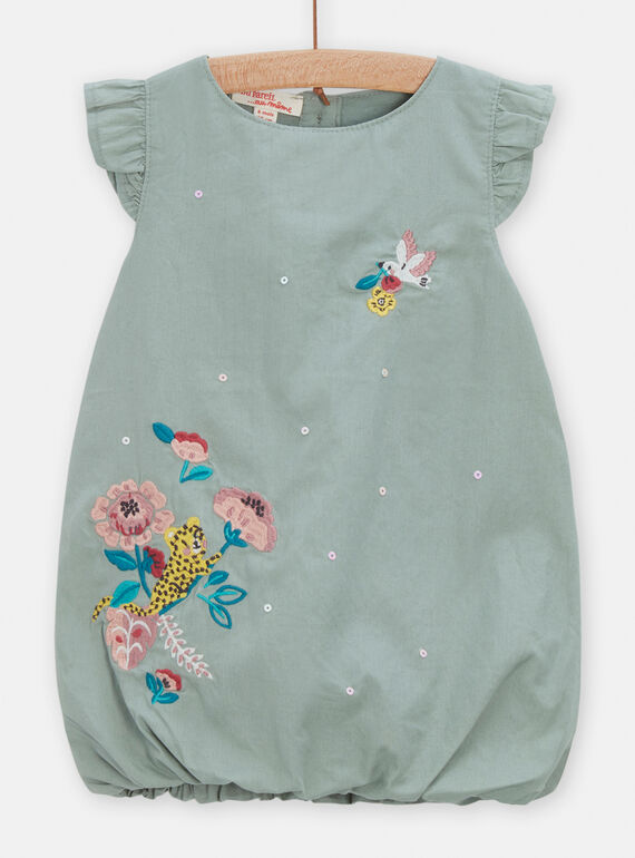 Salbeigrünes Kleid mit gestickten Blumen und Leopardenmuster für Baby-Mädchen TICRIROB3 / 24SG09L1ROBG610