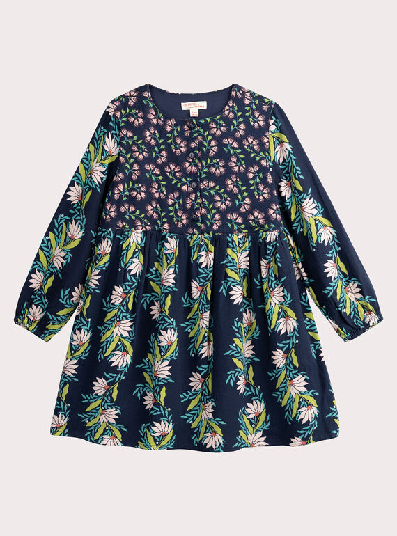 Marinefarbenes Kleid mit Blumen-Patchwork-Print für Mädchen  VAKLIROB1 / 24W90142ROB070