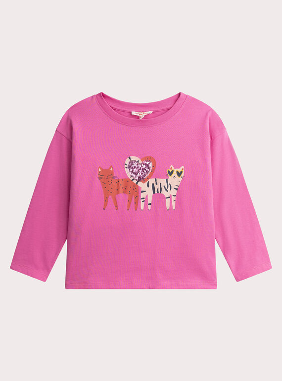 Rosa T-Shirt Animation Katzen mit Pailletten für Mädchen  VAROTEE2 / 24W901P2TMLD330