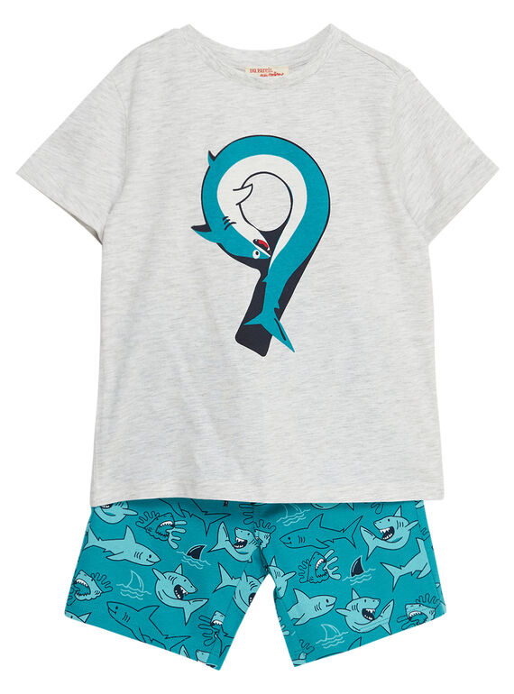 Strandkombination für Jungen aus grau chiniertem T-Shirt und türkisfarbenen Bermudas, mit Haifisch-Druck JOPLAENS1 / 20S902X2ENSJ906