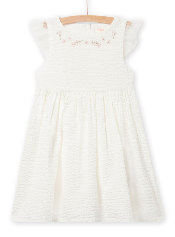 Kind Mädchen Kleid in ecru mit Blumenstickerei, Tüll und Seersucker NASOROB5 / 22S901Q5ROB001