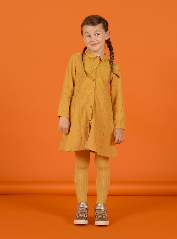 Gelbes Samtkleid für Mädchen mit ausgefallenem Muster MASAUROB3 / 21W901P1ROBB107