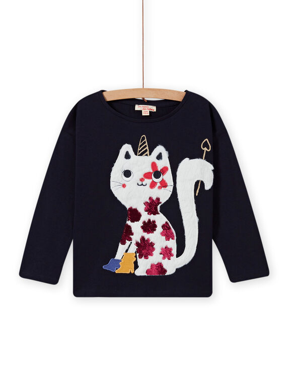 Nachtblaues T-Shirt für Kind Mädchen mit Katzen- und Einhornmotiv MAMIXTEE3 / 21W901J2TMLC205
