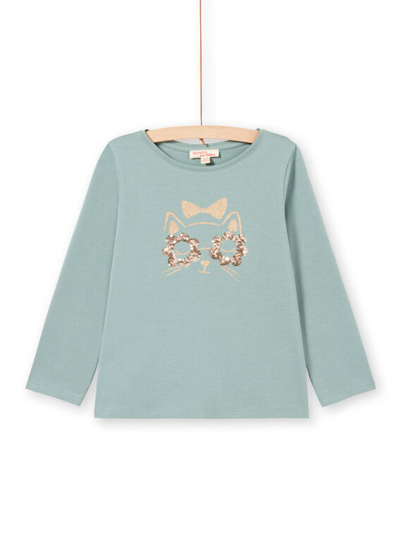 Langarm-T-Shirt für Mädchen mit paillettenbesetztem Katzenmotiv in Türkis MAJOYTEE4 / 21W9012CTML612