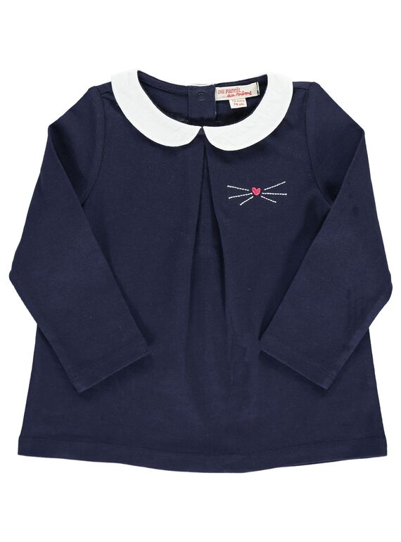 Baby girls' navy blue T-shirt with a Peter Pan collar DIJOBRA6 / 18WG0936BRA705