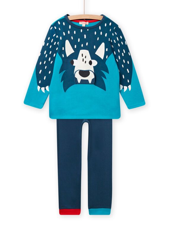 Kind Junge blaues Wolfs-T-Shirt und Hosen-Set mit leuchtenden Details im Dunkeln NEGOPYJLOU / 22SH12E1PYJ209