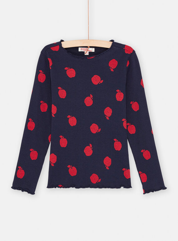 Marineblaues und rotes T-Shirt mit Apfelmuster, Mädchen SAJOUTEE3 / 23W901G2TML070