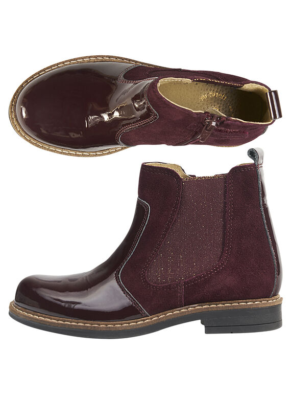 Weinrote Chelsea-Stiefel Material-Mix Lackleder glänzend Kind Mädchen GFBOOTPRU / 19WK35ICD0D719