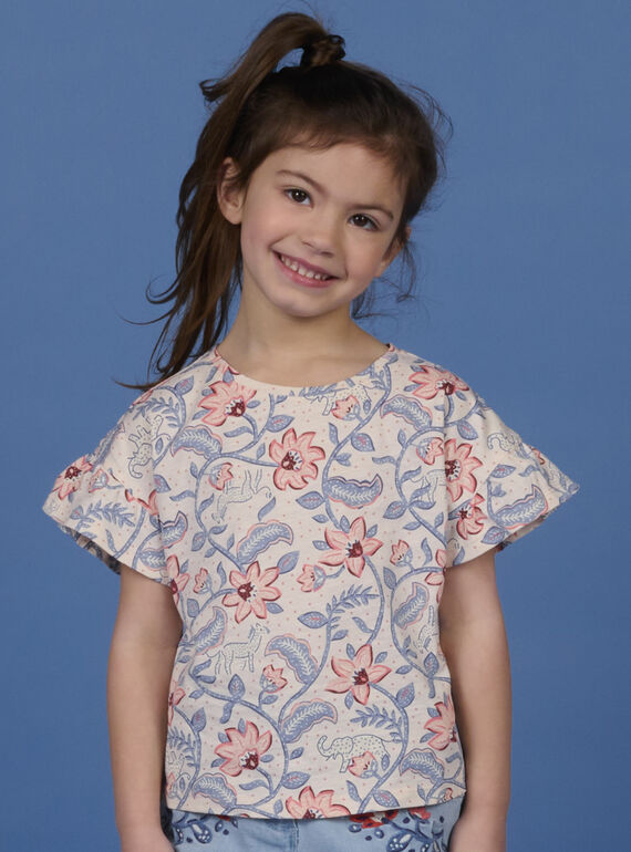 Kurzarm-T-Shirt für Kinder Mädchen in Creme, Blau und Rosa NASANTI1 / 22S901S4TMCA002