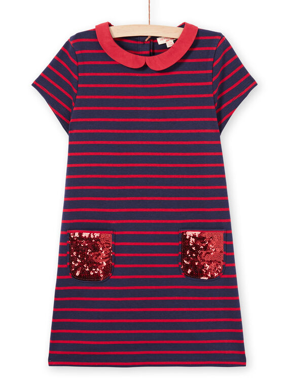 Rot und mitternachtsblau gestreiftes milano Kleid für Mädchen MAJOROB2 / 21W90126ROBC205