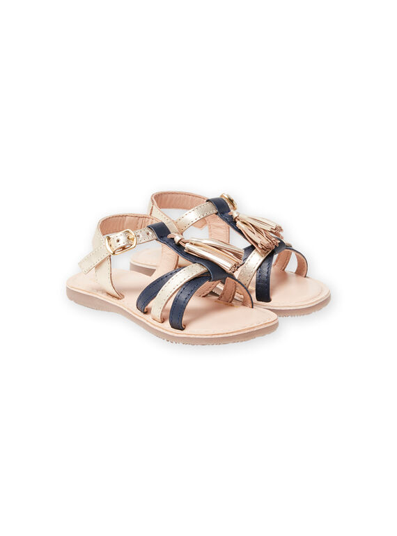 Mädchensandalen aus goldfarbenem und marineblauem Leder mit Pompons LFSANDLOUISE / 21KK355PD0E954
