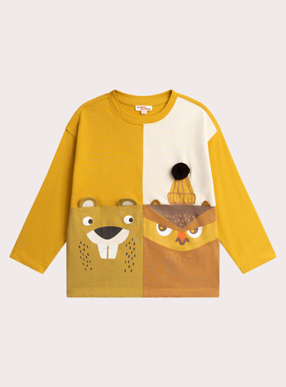 Gelbes T-Shirt Animation Eule und Biber für Jungen VOBATEE4 / 24W902Q4TML106