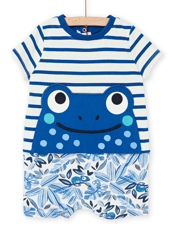 Kurzer blauer Strampler mit Streifenmuster und Froschmotiv. REGAGREBLUE / 23SH14H2GRE000