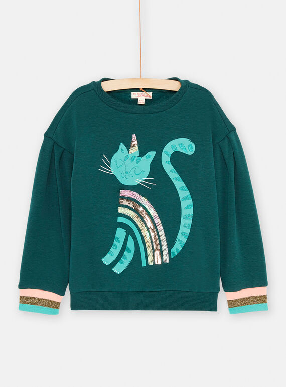 Sweatshirt in Entenblau mit Katzenmotiv für Mädchen SADUSWEA / 23W901P1SWE714