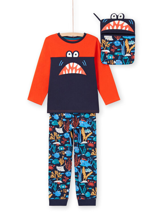 Junge orange und dunkelblau T-Shirt und Hose Pyjama-Set MEGOPYJMAN4 / 21WH1274PYGE414
