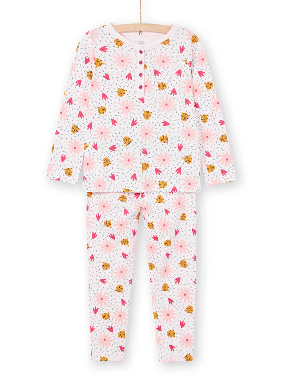 Rosa gerippter Kinderpyjama mit Panther- und Blumenprint LEFAPYJRIB / 21SH1158PYJ321