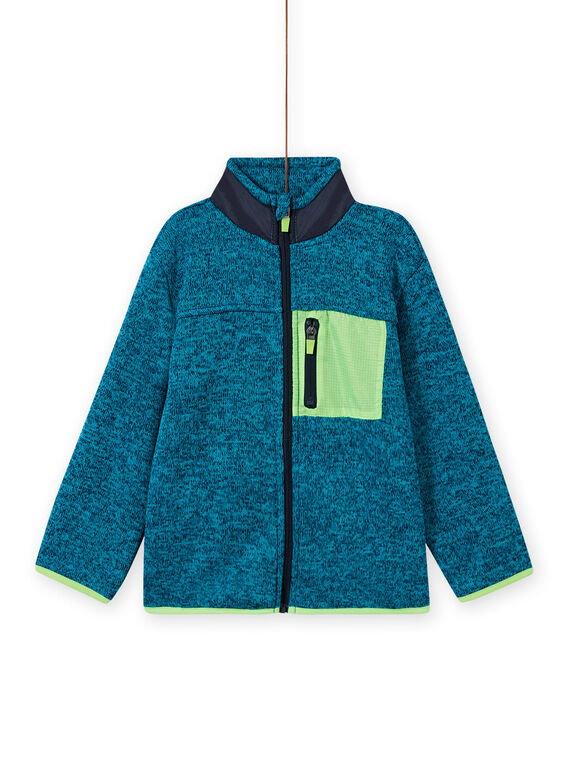 Türkis melierte Weste für Jungen mit fluoreszierenden grünen und marineblauen Einsätzen MOJOGITEK1 / 21W90212GILC200