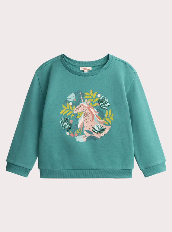 Sweatshirt blau grün Animation Einhorn mit Pailletten für Mädchen  VAKLISWEA / 24W90141SWE215