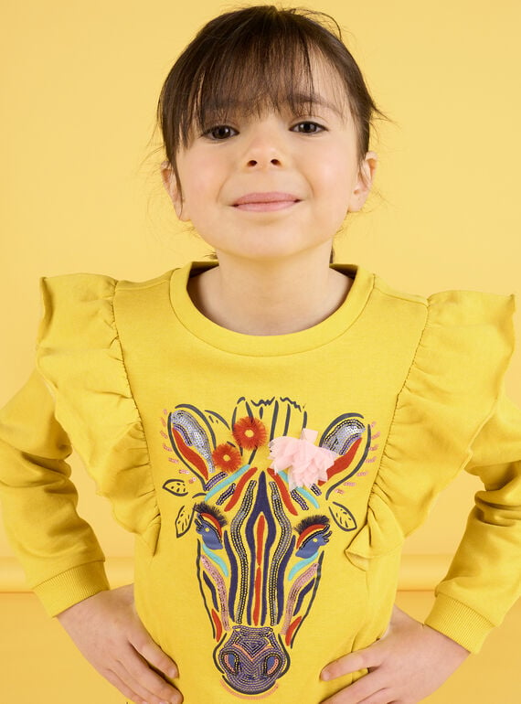 Kind Mädchen topasfarbenes Zebra- und Rüschensweatshirt NALUSWEA1 / 22S901P2SWEB118