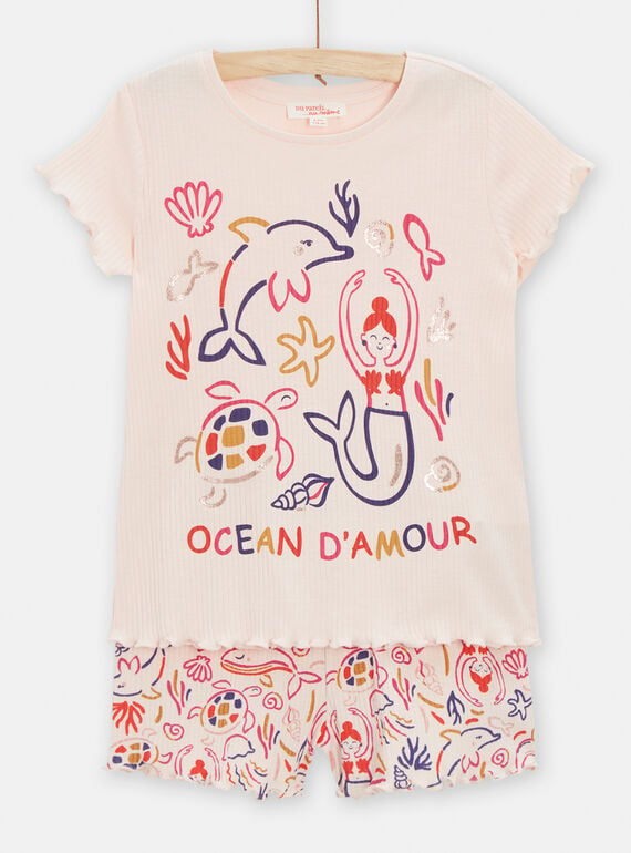 Nudefarbener Mädchen-Schlafanzug mit Meerjungfrauen- und Delfin-Print TEFAPYJCOT / 24SH1152PYJD319