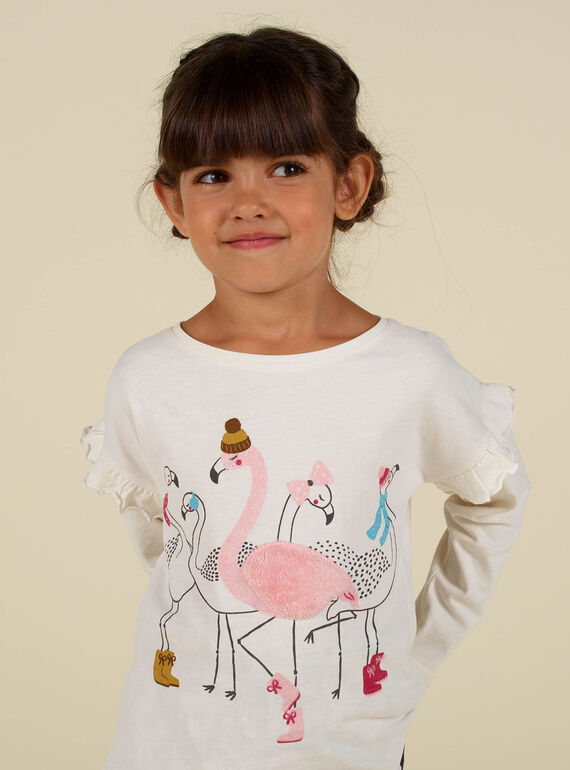 Ecru-T-Shirt für Mädchen mit rosa Flamingo-Ärmeln MAHITEE1 / 21W901U2TML003
