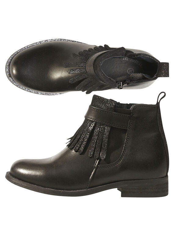 Schwarze Lederfransenstiefel Kind Mädchen GFBOOTTREP / 19WK35I6D0D090
