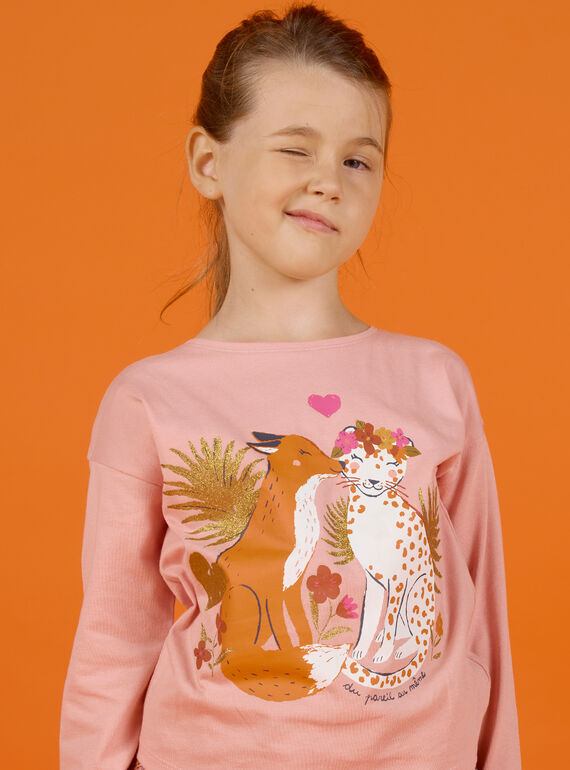Rosa Langarm-T-Shirt für Mädchen mit Fuchs- und Leopardenprint MASAUTEE3 / 21W901P3TML303