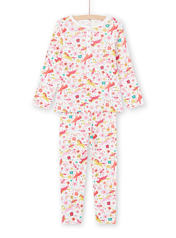 Pyjama-Set für Mädchen mit rosa und ecrufarbenen Einhörnern und einer Hose mit Fantasieaufdruck MEFAPYJUNI / 21WH1186PYJ001
