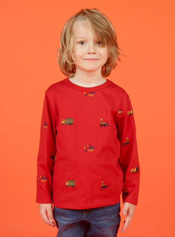 Rotes Langarm-T-Shirt für Jungen mit Auto-, Traktor- und Hubschrauber-Aufdruck MOCOTEE2 / 21W902L4TMLF521