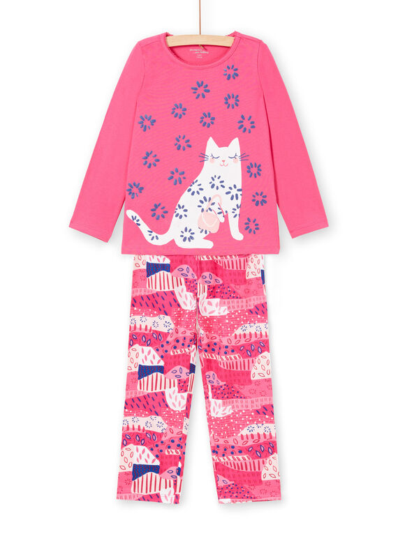 Pyjama-T-shirt und Hose fuchsia und weiß Kind Mädchen LEFAPYJWAX / 21SH1157PYJ030