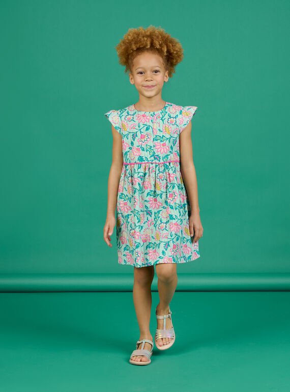 Kind Mädchen mandelgrünes Kleid mit buntem Blumendruck NAGAROB1 / 22S901O2ROB611