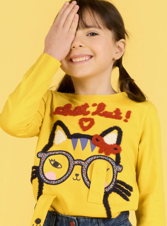 Kind Mädchen topasfarbenes Katzenanimations-T-Shirt NALUTEE2 / 22S901P2TMLB118