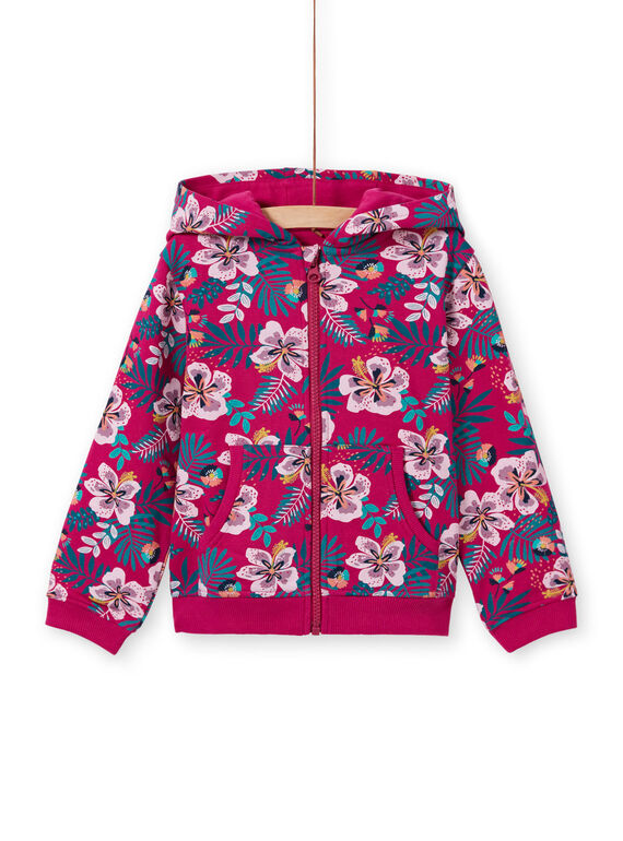 Mädchen-Jogging-Top mit Kapuze in fuchsia mit Blumendruck MAJOHAUJOG1EX / 21W90115JGHD312