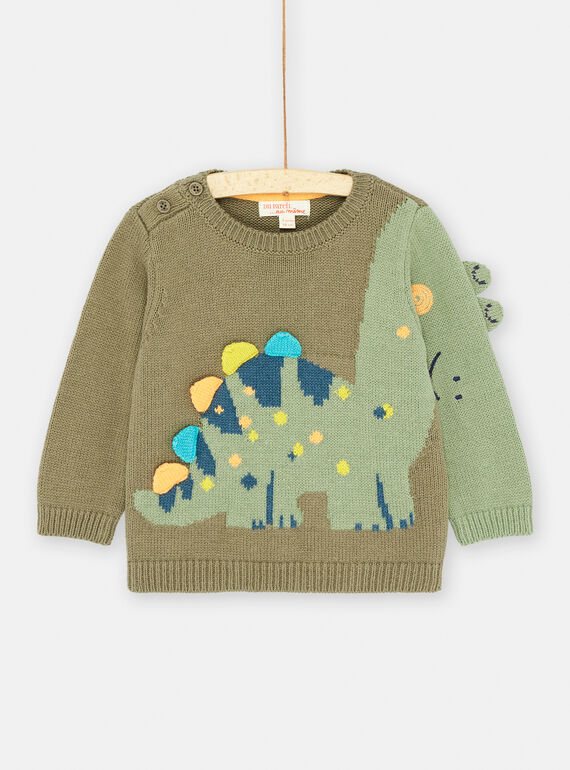 Militärgrüner Pullover mit Dinosaurier-Animation für Baby-Jungen SUVERPUL / 23WG10J1PULG631