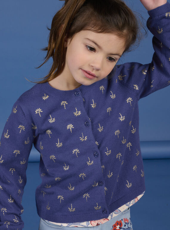 Ultramarinblaue Strickjacke für Kinder Mädchen mit goldenem Palmenaufdruck NASANCAR / 22S901S1CAR707